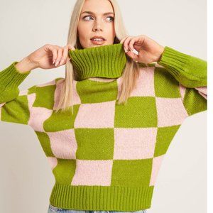 Native Youth Checkered Turtleneck Sweater (Pink/Green)